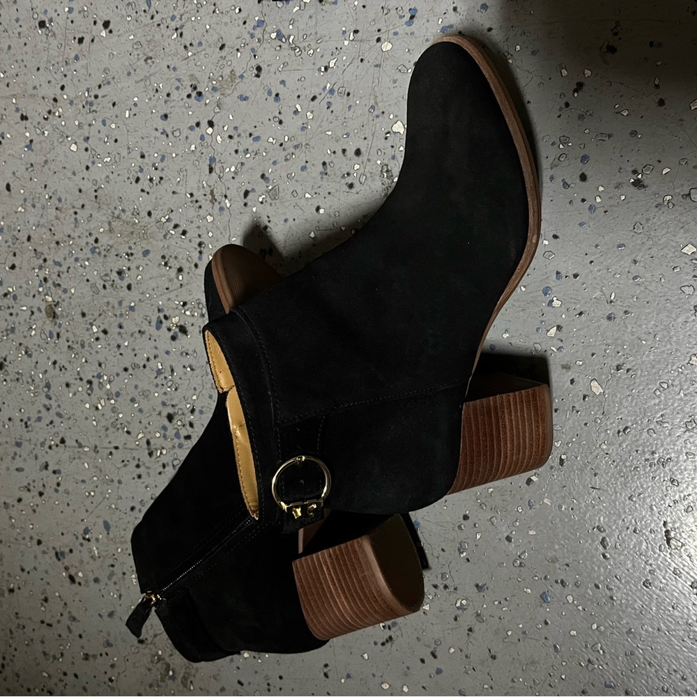 Tory Burch Black Suede Ankle Boots with Gold Accent - Picture 3 of 7